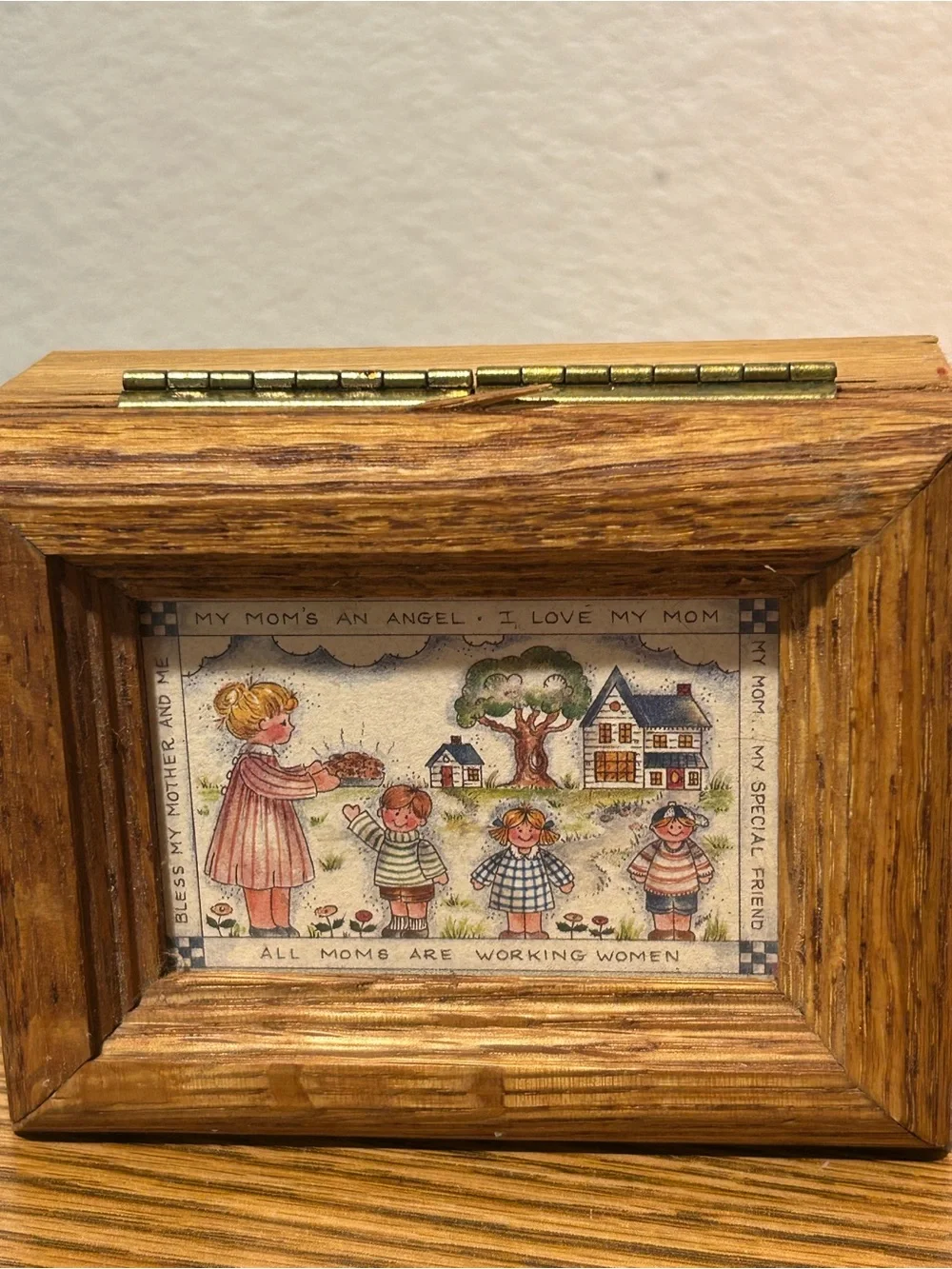 Wooden Trinket Box with Illustrated Lid - Brown